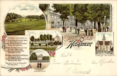Litho Helmstedt in Niedersachsen, Herzog Karls Quelle, ehemalige Universität, Theater
