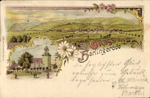 Litho Harlingerode Bad Harzburg am Harz, Panorama, Kirche