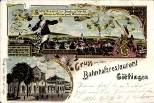 Litho Göttingen in Niedersachsen, Bahnhofsrestaurant, Bahnhof, Stadtansicht