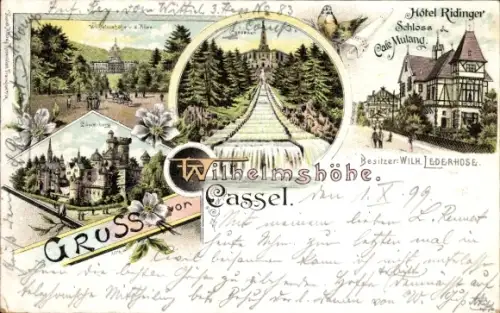 Litho Bad Wilhelmshöhe Kassel, Löwenburg, Hotel Ridinger, Schloss & Café Mulang, Wilh. Lederhose