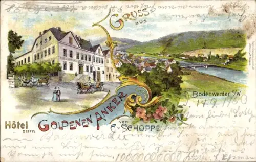 Litho Bodenwerder an der Weser, Hotel zum Goldenen Anker, C. Schoppe, Panorama