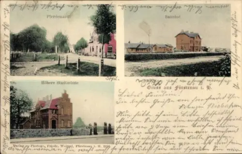 Ak Fürstenau i. Hann., Pferdemarkt, Bahnhof, Höhere Stadtschule