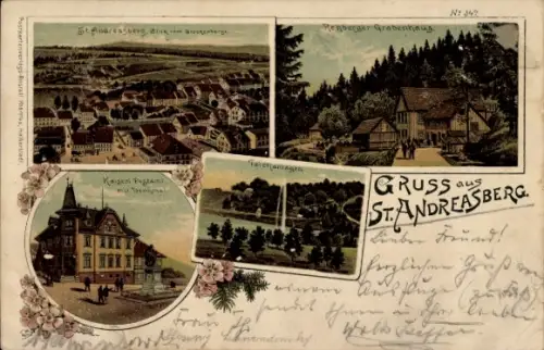 Litho St. Andreasberg Braunlage im Oberharz, Rehberger Grabenhaus, Kaiserliches Postamt, Denkmal