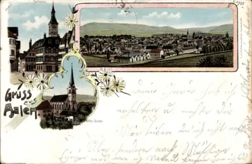 Litho Aalen im Ostalbkreis Württemberg, Gesamtansicht, Rathaus, Kath. Kirche