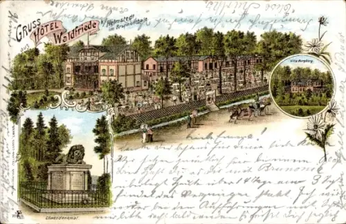 Litho Helmstedt im Brunnenthale, Hotel Waldfriede, Villa Burgberg, Löwendenkmal