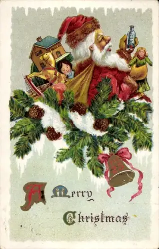 Ak Frohe Weihnachten, Weihnachtsmann mit Geschenken, Spielzeuge