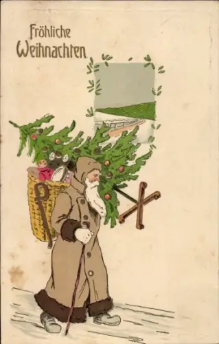 Präge Ak Frohe Weihnachten, Weihnachtsmann mit Tannenbaum, Geschenke