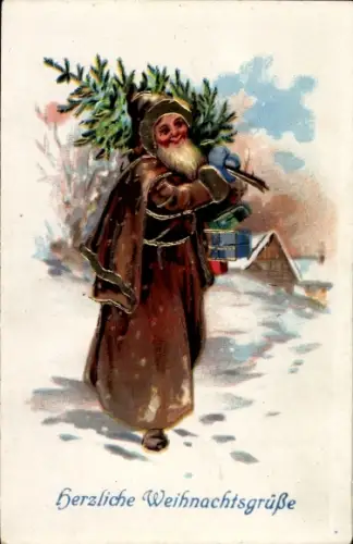 Präge Ak Frohe Weihnachten, Weihnachtsmann mit Tannenbaum