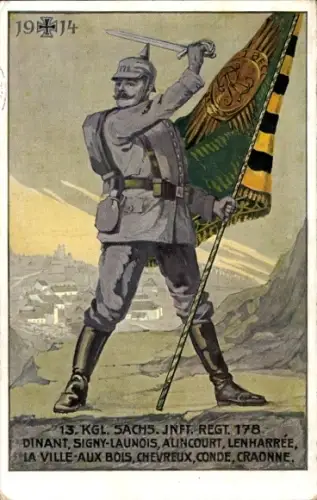 Künstler Ak 13. Kgl. Sächs. Inft. Regt. 178, Soldat mit Fahne, Schlachten 1914