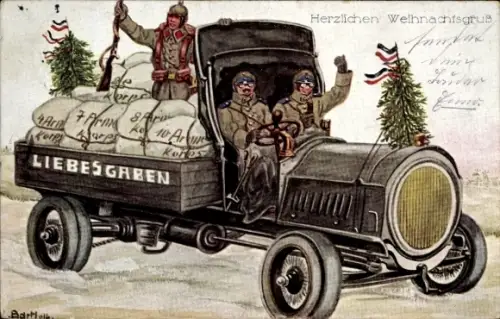 Ak Frohe Weihnachten, Lastwagen der Armee mit Liebesgaben beladen, 1. WK