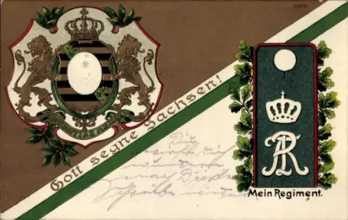 Präge Wappen Ak Mein Regiment, Gott segne Sachsen