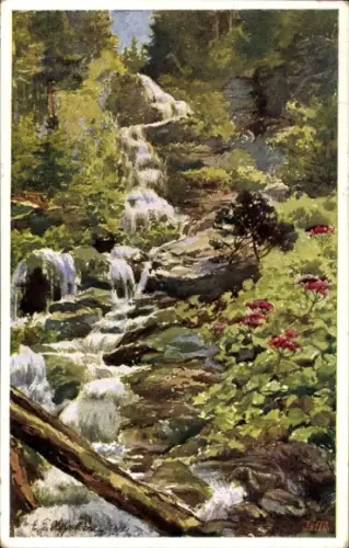 Künstler Ak Hoher Fall Wasserfall, Mährisch-Schlesischer Sudeten-Gebirgsverein Dt. Schulverein Wien