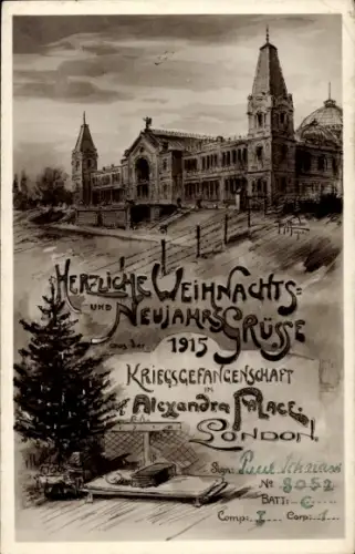 Künstler Ak London England, Kriegsgefangenenschaft im Alexandra Palace, Weihnachten Neujahr 1915