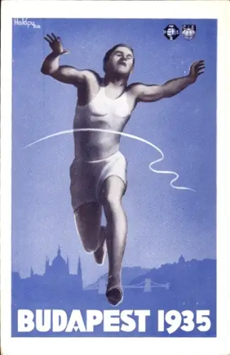 Künstler Ak Budapest 1935, VI. Akademische Internationale Spiele, Läufer im Ziel