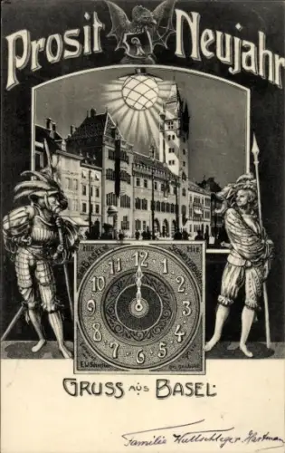 Ak Basel Stadt Schweiz, Amtsgebäude, Glückwunsch Neujahr, Uhr