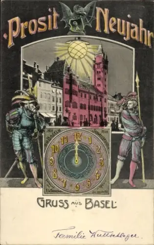Ak Basel Stadt Schweiz, Amtsgebäude, Glückwunsch Neujahr, Uhr