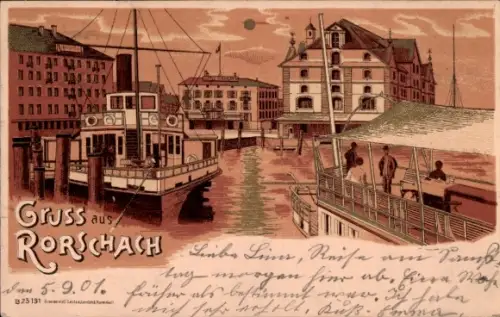 Mondschein Litho Rorschach Kt. St. Gallen Schweiz, Hafen, Dampfer