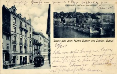 Ak Basel Stadt Schweiz, Hotel Bauer am Rhein, Rheinbrücke