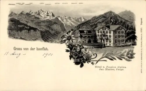 Litho Isenfluh Kanton Bern, Gesamtansicht, Hotel und Pension Alpins