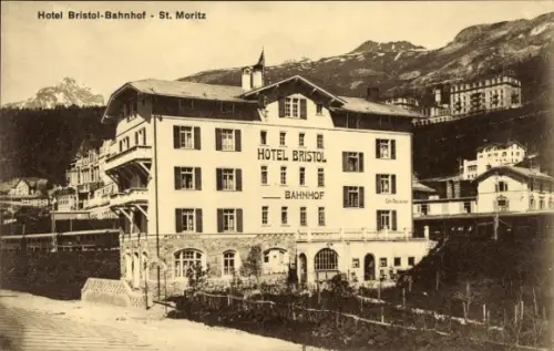 Ak Sankt Moritz Kanton Graubünden, Hotel Bristol-Bahnhof