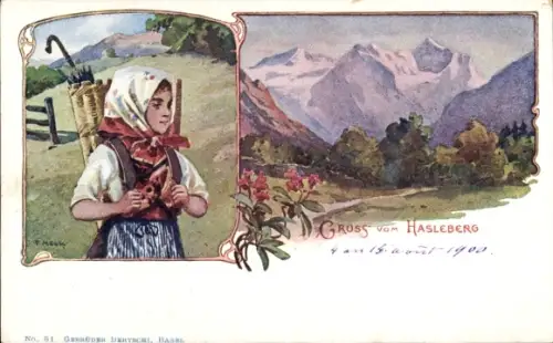 Künstler Ak Hasliberg Kt. Bern Schweiz, Mädchen in Volkstracht, Gebirge
