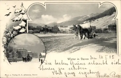 Ak Davos Kanton Graubünden, Gesamtansicht, Straße, Winter, Pferde