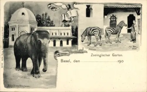 Ak Basel Stadt Schweiz, Zoologischer Garten, Elefant, Zebras