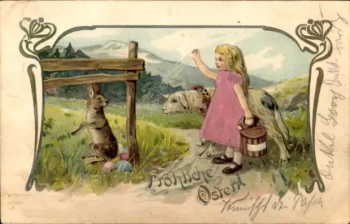 Präge Material Ak Glückwunsch Ostern, Kind, Lamm, Osterhase, Ostereier