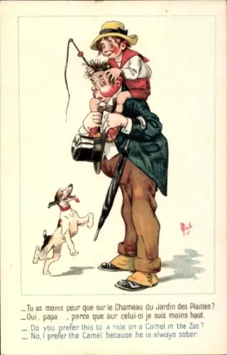 Künstler Ak Mich, Mann trägt Jungen auf der Schulter, Angel, Hund, Humor