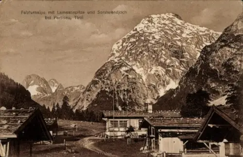 Ak Pertisau Eben am Achensee Tirol, Schneebedeckter Berggipfel, Holzhütten/Almen, unbefestigter W