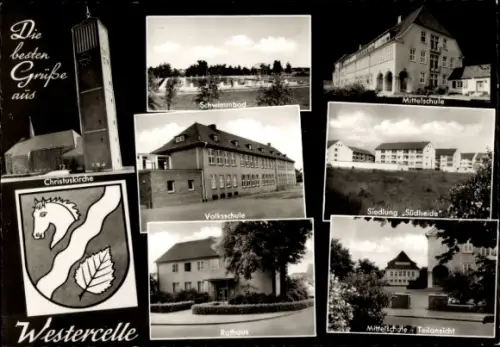Ak Westercelle Celle in Niedersachsen,  Christuskirche, Schwimmbad, Volksschule, Mittelschule, Ra