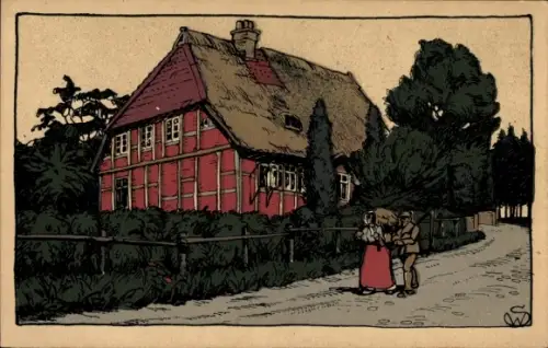 Steindruck Ak Lüneburg in Niedersachsen, altes Schulhaus in der Lüneburger Heide