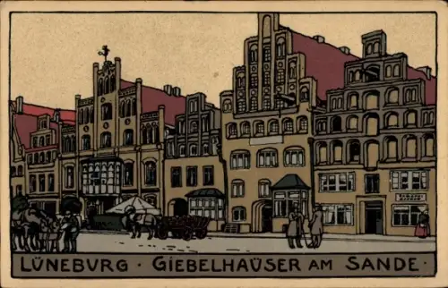 Steindruck Ak Lüneburg in Niedersachsen, Giebelhäuser am Sande