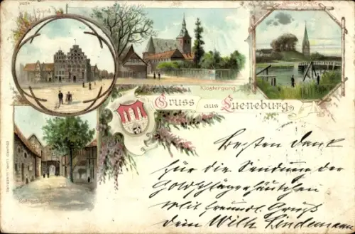 Litho Lüneburg in Niedersachsen, Brücke, Sand, Klostergang, Roter Hahn, Wappen