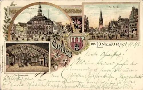 Litho Lüneburg in Niedersachsen, Rathaus, Sand, Wappen
