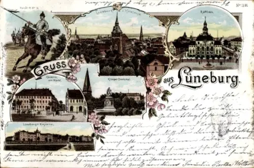 Litho Lüneburg in Niedersachsen, Kaserne am Markt, Kriegerdenkmal, Rathaus, Han. Dr. R. No. 16