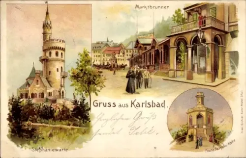 Litho Karlovy Vary Karlsbad Stadt, Stephaniewarte, Marktbrunnen, Franz Josephs Höhe