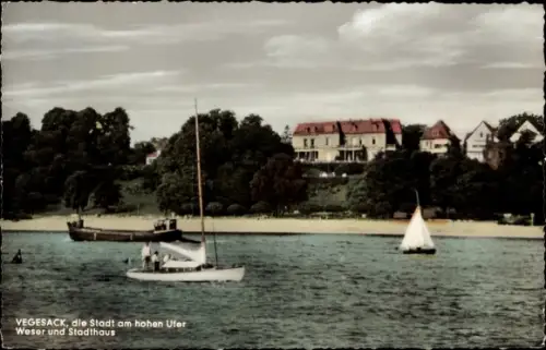 Ak Vegesack Hansestadt Bremen, Blick von der Weser auf das Stadthaus, Segelboote
