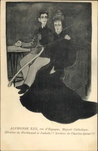 Ak Alphonse XIII, König von Spanien mit Ehefrau, Karikatur