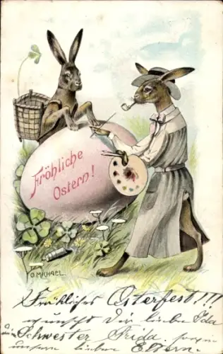 Künstler Ak Michael, G., Glückwunsch Ostern, Osterhase mit Malpalette und Pinsel, Osterei