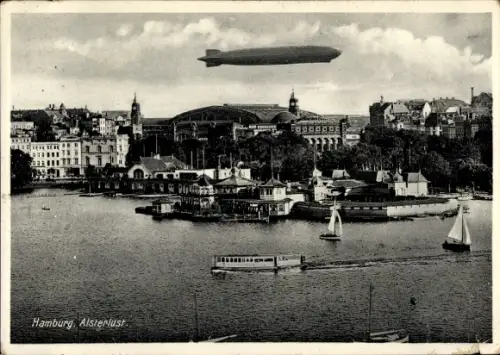 Ak Hamburg, Etablissement Alsterlust, Wasserpartie, Zeppelin, Bhanhof
