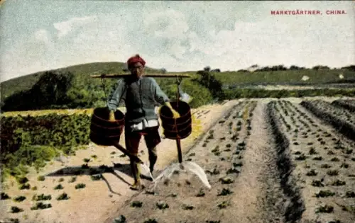 Ak China, general view of a market gardener, Landwirtschaft