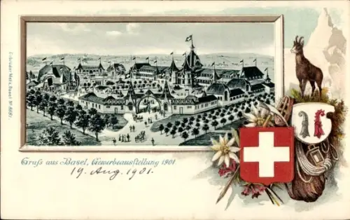 Präge Wappen Litho Bâle Basel Stadt Schweiz, Gewerbeausstellung 1901, Gämse