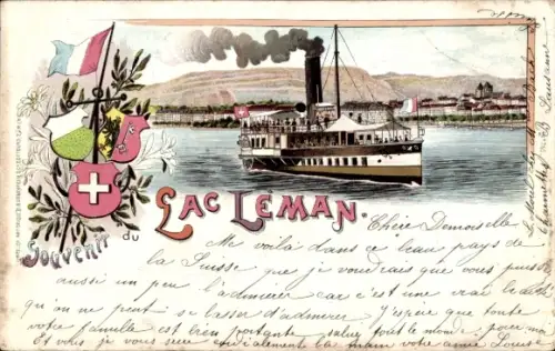Wappen Litho Genf Kanton Schweiz, Lac Leman, Salondampfer