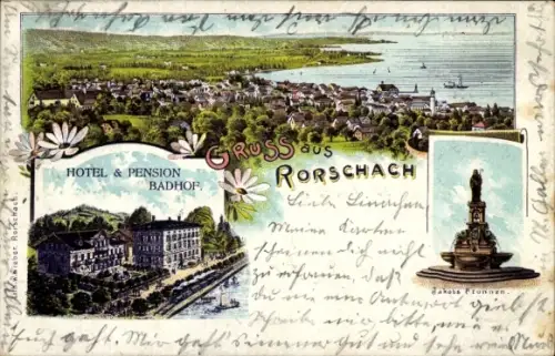Litho Rorschach Kt. St. Gallen Schweiz, Hotel Pension Badhof, Jakobsbrunnen, Panorama