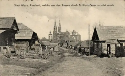 Ak Widsy Litauen, Straße, Kirche, Zerstörung durch Artillerie-Feuer, Russische Armee