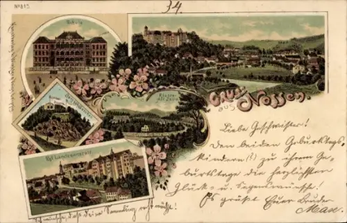 Litho Nossen in Sachsen, Schule, Bergschlösschen, Kloster Alt Zella, Kgl. Landesanstalt