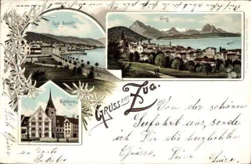 Litho Zug Stadt Schweiz, Gesamtansicht, Zytturm, Promenade