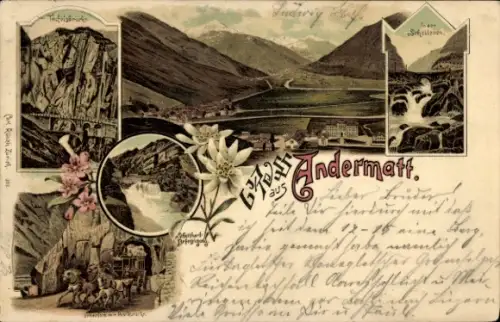 Litho Andermatt Kanton Uri, Gesamtansicht, Brücke, Edelweiß