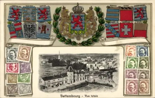 Präge Wappen Briefmarken Ak Bettembourg Luxemburg, Vue Totale